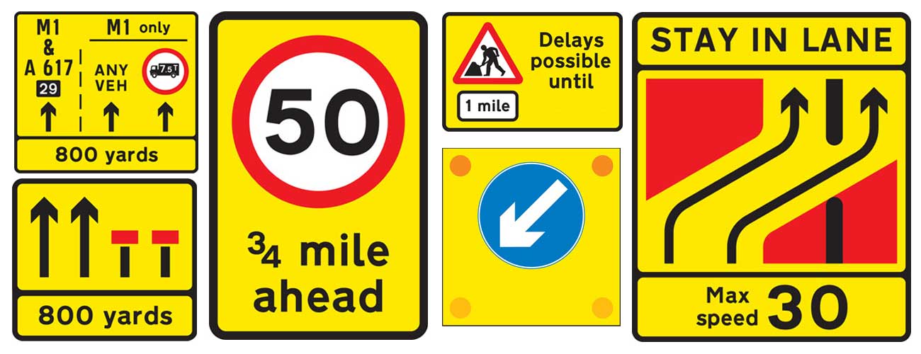 yellow roadworks road signs